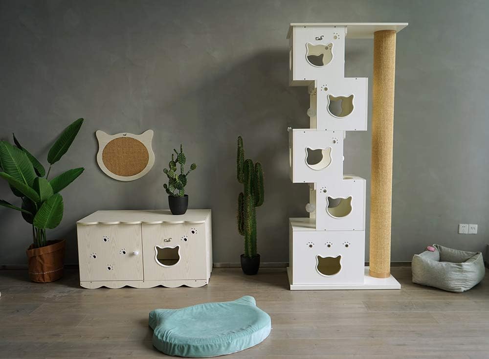 Krabpaal – Kattenkrabmeubel – Kattenklimtoren – Kattenboom – Kattenspeelmeubel – Wit Houtdesign – 200 cm Natuurlijk Sisal