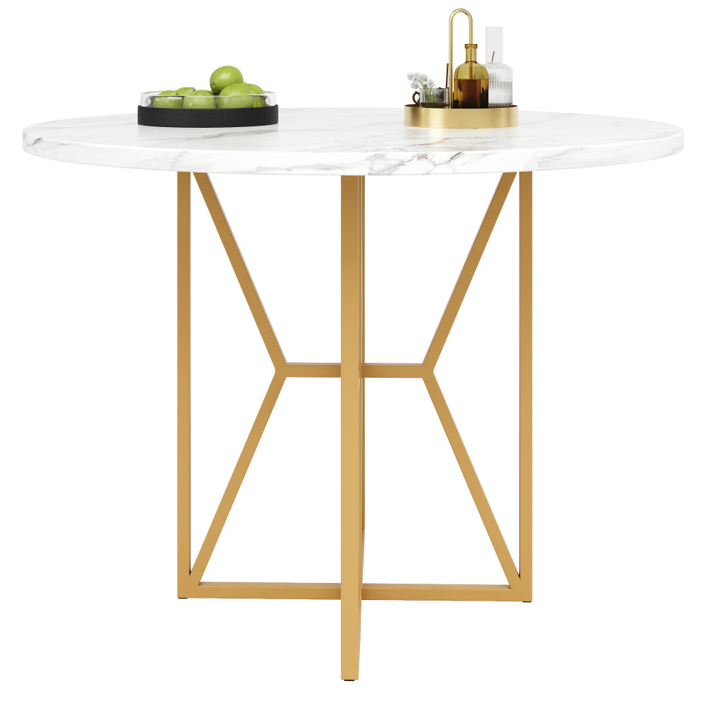 Ronde Eettafel – Eetkamertafel – Keukentafel – Woonkamertafel – Ronde Tafel – Gouden Metalen Poten – Marmerlook MDF Blad – 80x80x76 cm – Geschikt Voor 4-6 Personen
