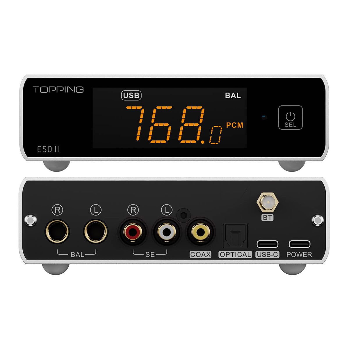 Topping E50II DAC Compacte Hi-Res audio-desktop met AK4497S, DSD512, PEQ 10-bands en Bluetooth LDAC voor hoofdtelefoon en luidsprekers, zilver