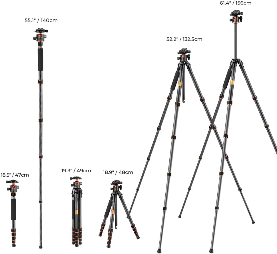 K&F Concept Koolstofvezel Camera Statief, Lichtgewicht Reisstatief met Monopod, Compact Fotografie Statief met 360° Balhoofd, Compatibel met DSLR Camera, Max. Belasting: 15KG (A255C2+BH-35L)