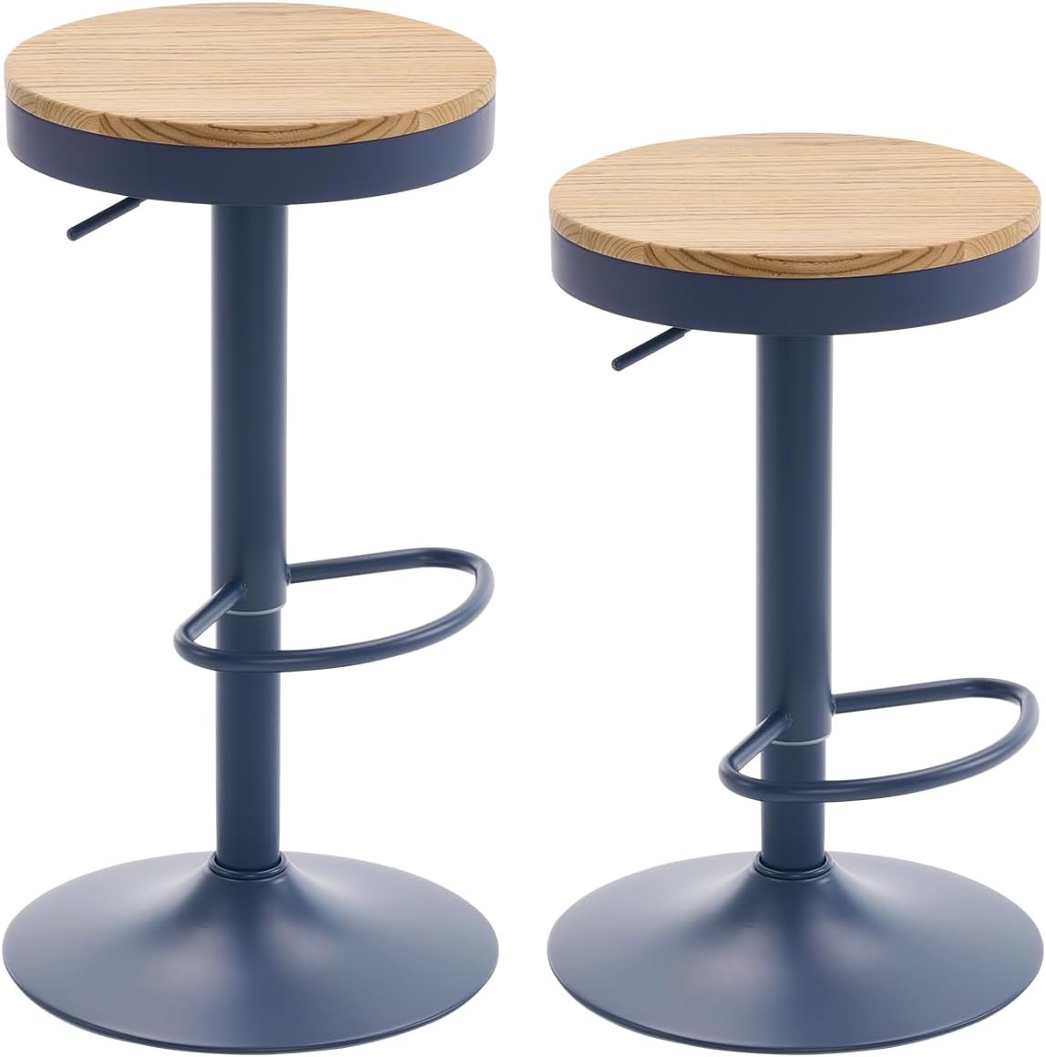 YOUNIKE Barkruk, set van 2, hout, in hoogte verstelbaar, draaibaar, barkruk, keukenkruk, hoogte barstoelen met voetensteun, voor bar, keuken, draaikruk van massief metaal, marineblauw