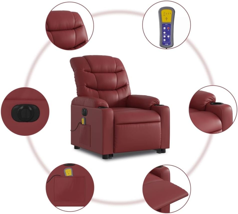 Elektrische Relaxfauteuil – Sta-op Stoel – Massagefauteuil – TV Stoel – Kantelbare Fauteuil – 6-Punts Vibratiemassage – Wijnrood Kunstleer