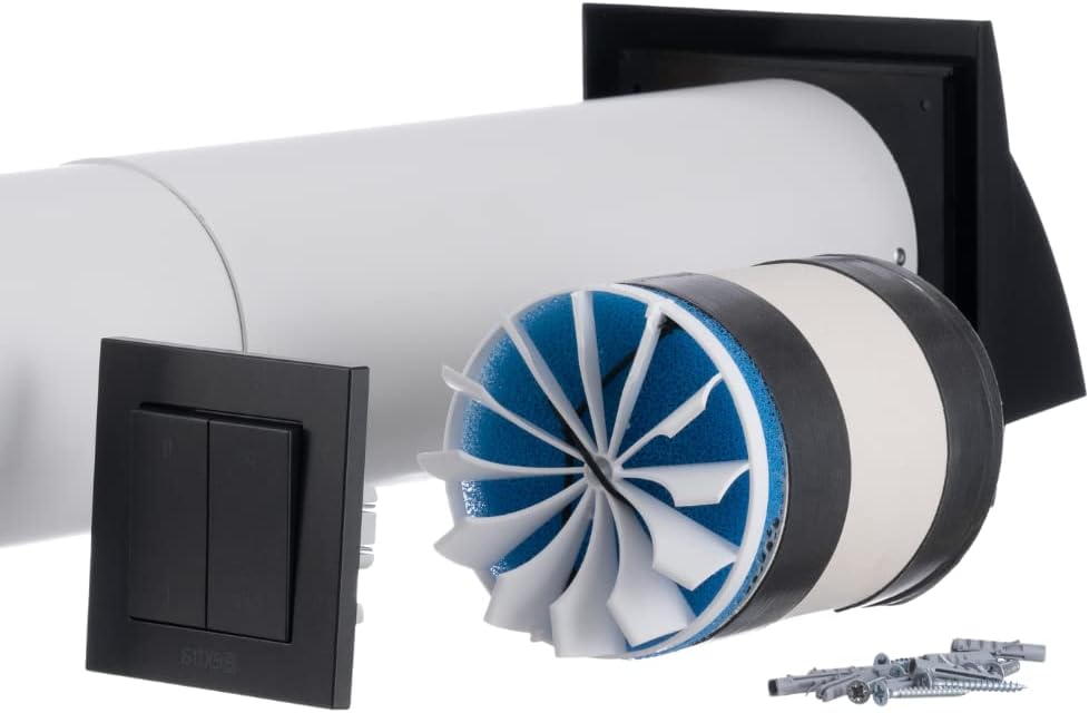 Gedecentraliseerde Ventilatie Met Warmteterugwinning – WTW-Unit – Decentrale Ventilatie – Warmteterugwinningsventilator – Muurventilator – Antraciet – Ø100 Mm – Keramische Kern – Wandschakelaar Inbegrepen
