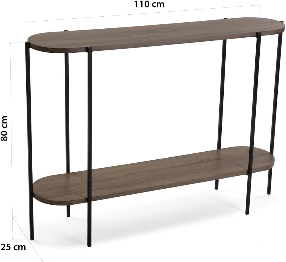 Versa Lizzy Smalle hal of vestibule Entree hal meubilair, Console Tafel, Met bodemplank, Afmetingen (H x B x H) 80 x 25 x 110 cm, Hout en Metaal, Kleur Bruin en zwart