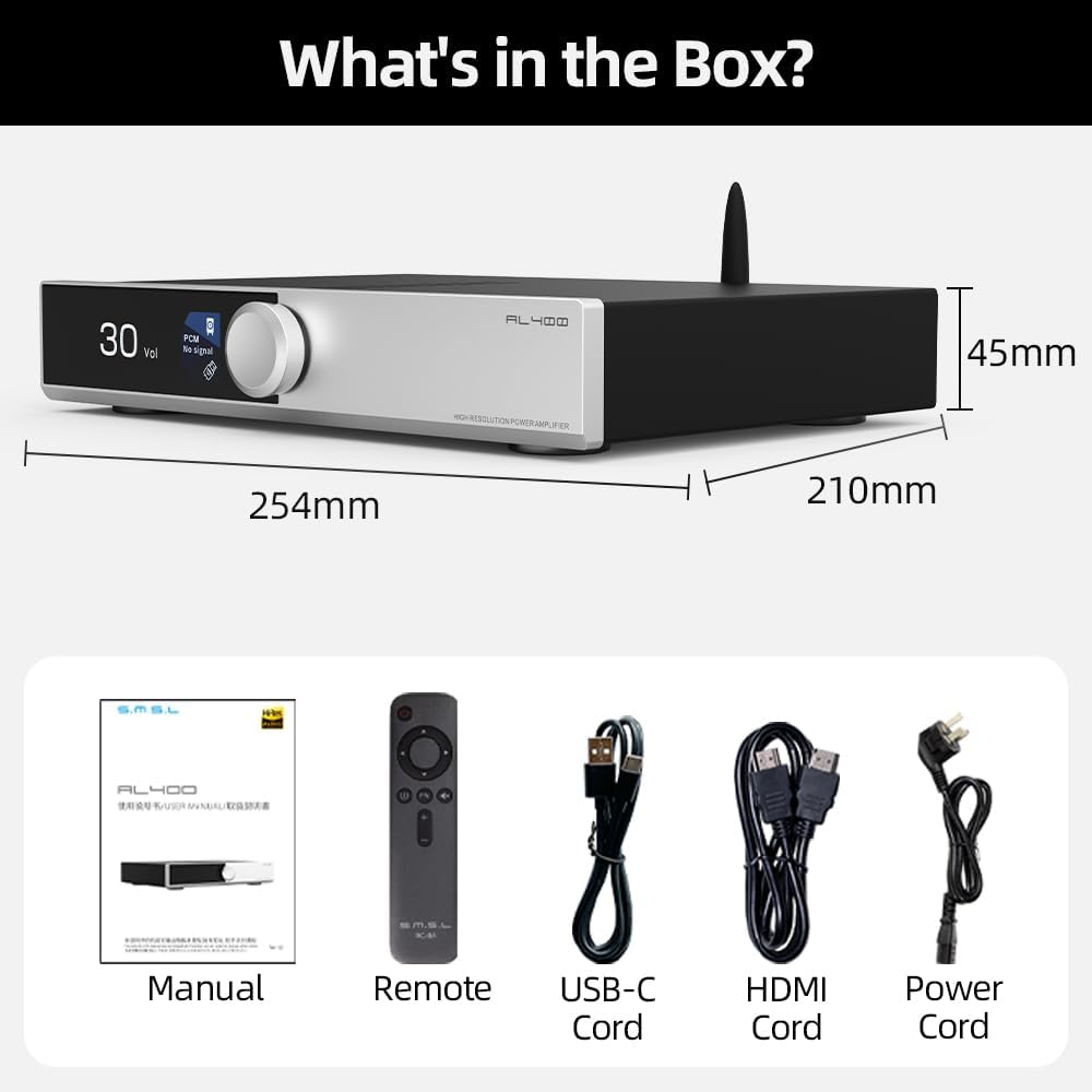 SMSL AL400 Alles-in-één hifi-decoder/voorversterker/Phono-eindversterker, CS43131-chip, voor MM- en MC-cartridge, RCA/BT/USB/Opt/Coax/HDMI eARC/Phono-versterkeringang, voor draaitafel/tv