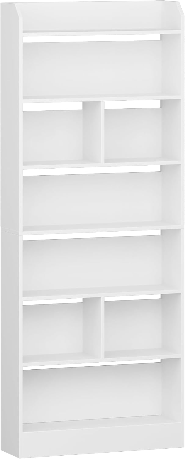 Hzuaneri Bookcase and Bookshelf with 7 Layers, Freestanding Display Organizer with 8 Divided Sections, for Home Office, Living Room and Bedroom, 24 x 60 x 199cm, White, BC11703X