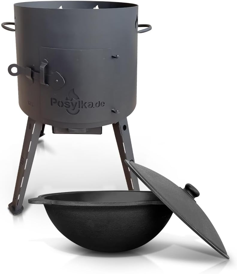 kazan Dutch Oven with Cast Iron Pan, Round Bottom with Lid (12 Litres), KazanoFF, Outdoor, Fire Bowl, Camping - QUORE