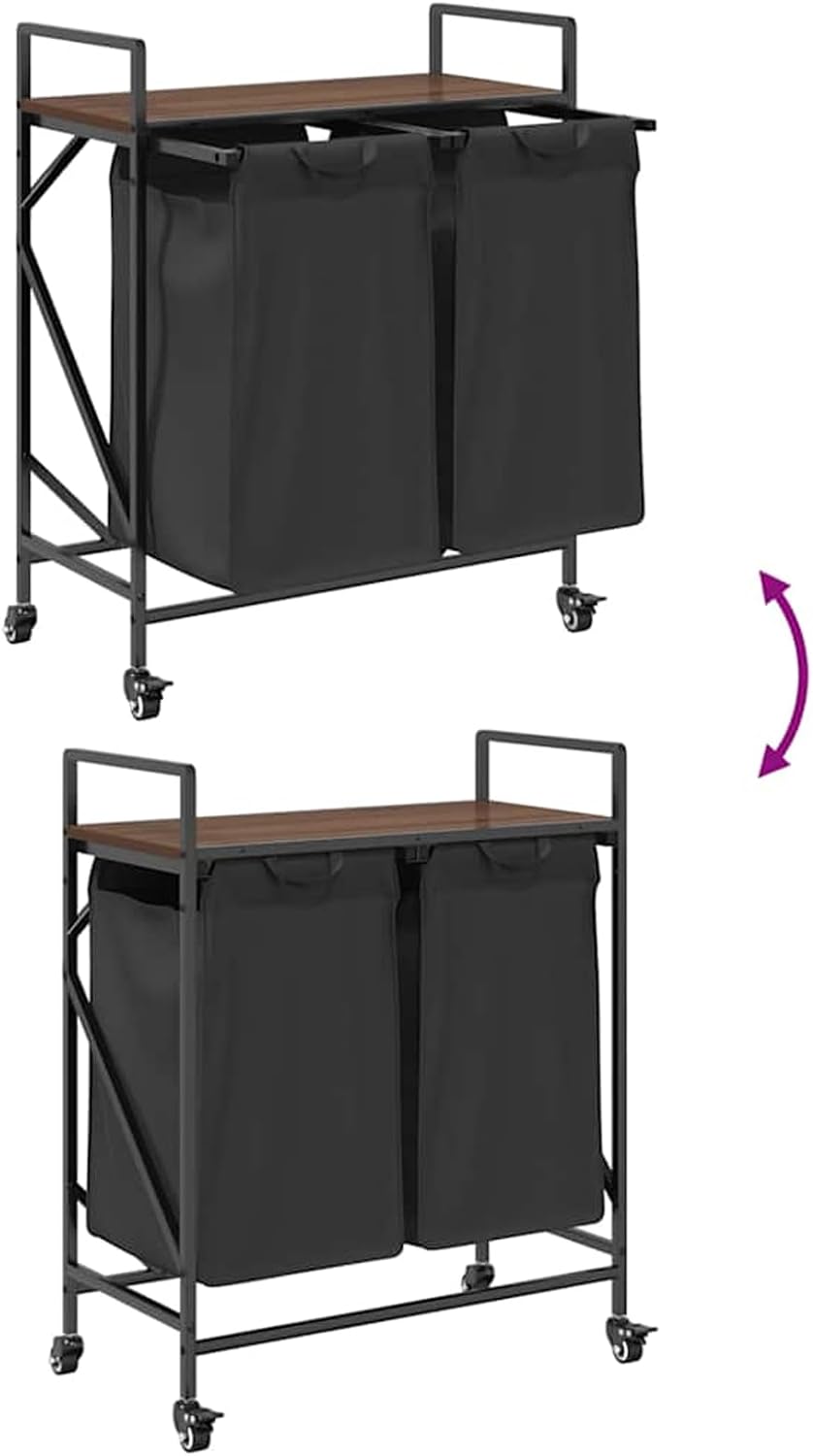Wasmmand – Wasbak – Wascontainer – Waschmand – Wasbox – 3 Compartimenten – Sonoma Eikenhouten Plank – Uitneembare Waszakken – Wieltjes Met Rem - QUORE