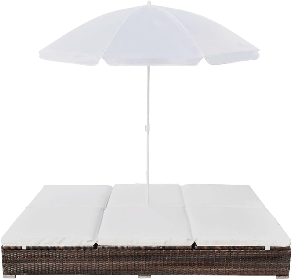 vidaXL Lounge Bed with Parasol Sun Lounger Garden Bed Chair Lounger Garden Furniture Outdoor Furniture Furniture Garden Lounge Furniture Poly Rattan Brown - QUORE