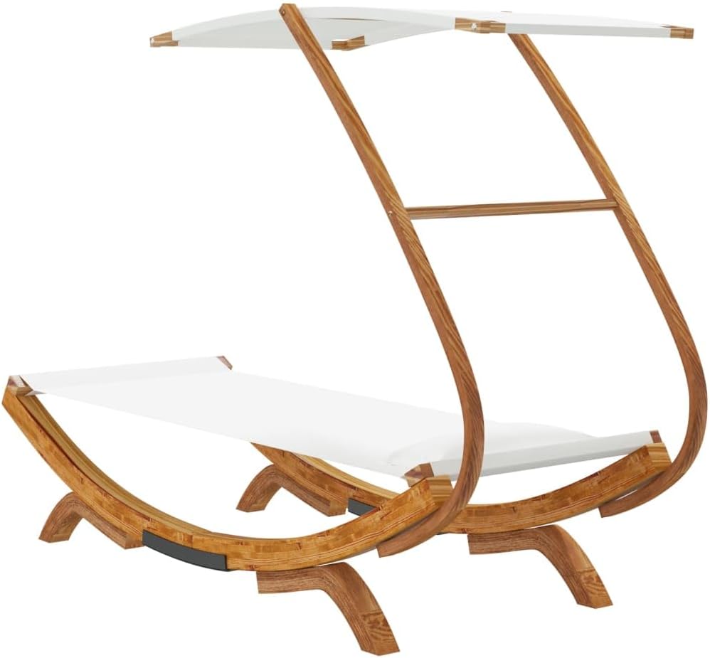 Zonnebad, ligbed met luifel, 100 x 190 x 134 cm, massief gebogen hout, crèmekleurig, ligstoel, voor buiten, strandligstoel, ontspanning, voor tuin, terras, balkon, camping - QUORE