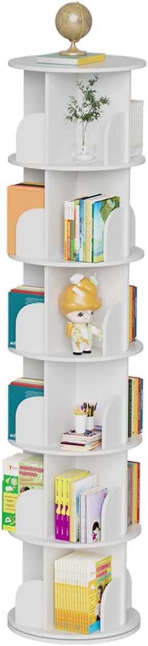 tonchean Boekenkast, 6-traps draaibaar, 360 graden draaibaar, boekenkast, opbergrek, multifunctioneel staand rek, opbergrek, roterende boekenplank, wit, voor slaapkamer, kinderkamer, woonkamer