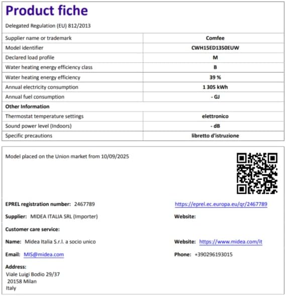 Comfee CWH15ED1350EUW Elektrische wandverwarming, 80 liter, met onderspoelruimte, compact en eenvoudig te installeren, wifi-verbinding, bediening via app, wit, energieklasse B
