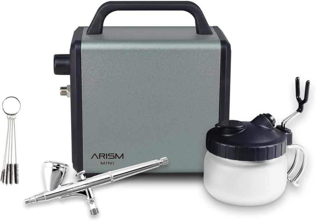 Sparmax Airbrush Max-3 + compressor ARISM Mini + reinigingsstation SCP-700 + 5 borstelset, chroom, naaldgrootte: 0,3 mm