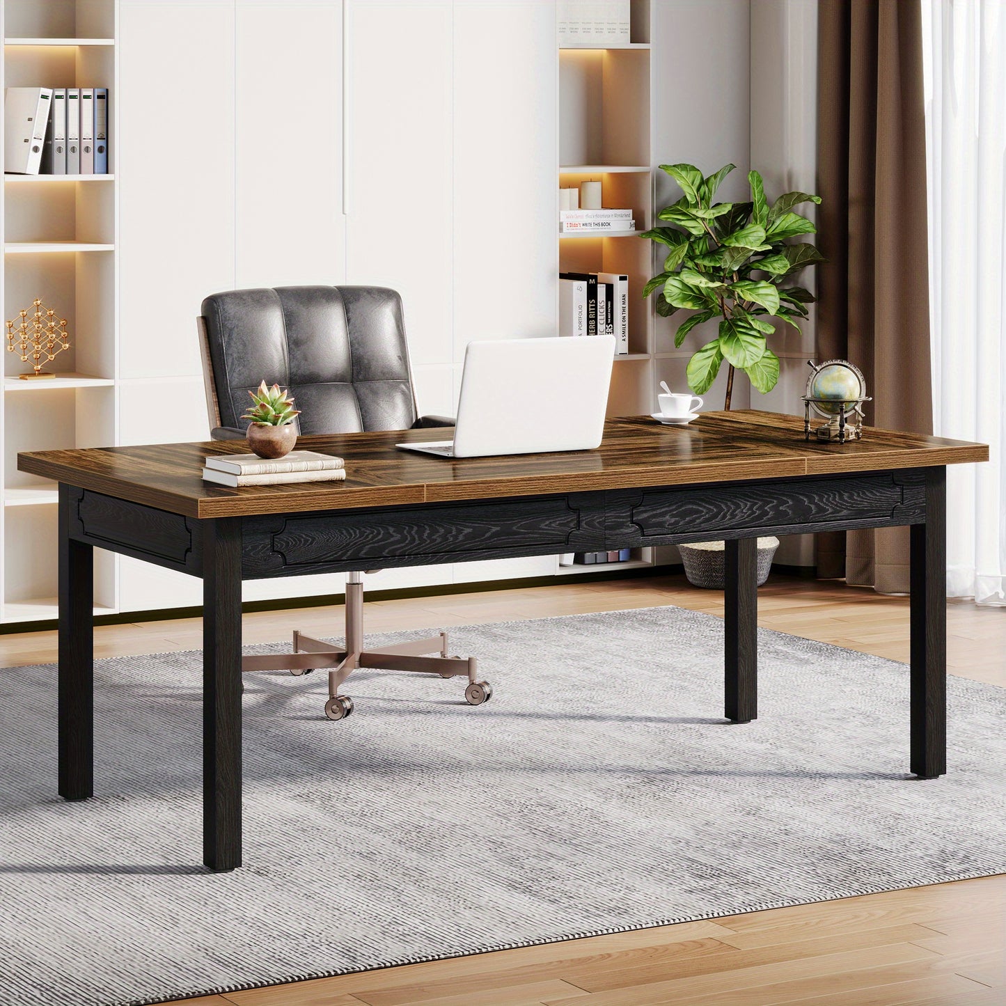Bureau – Werkplek – Schrijftafel – Tafel – Computertafel – Rechthoekig – Stevig Metalen Frame – Rustiek Bruin Houten Blad