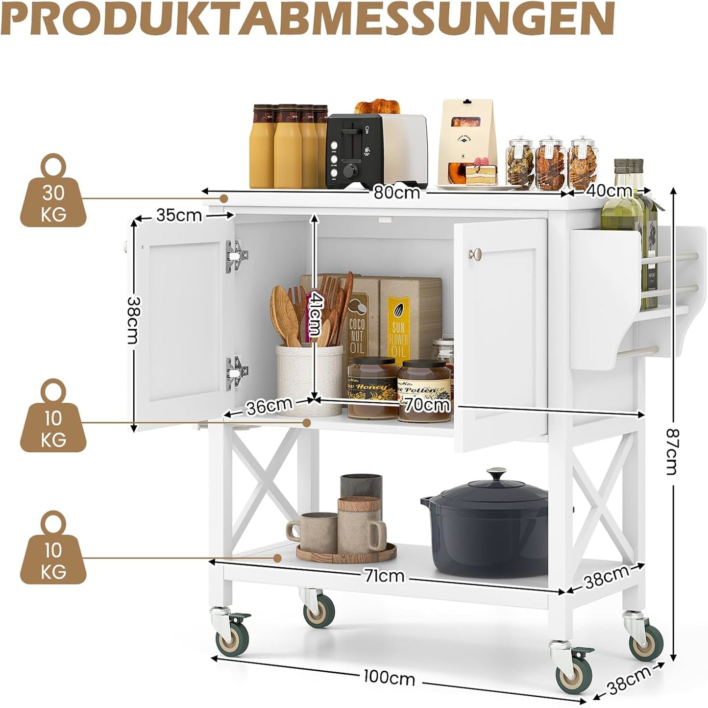 Keukenwagen – Keukentrolley – Mobiele Werkbank – Keukenkar – Keukenmeubel – MDF Met Waterbestendig Werkblad – Inclusief Handdoekrek En Wieltjes