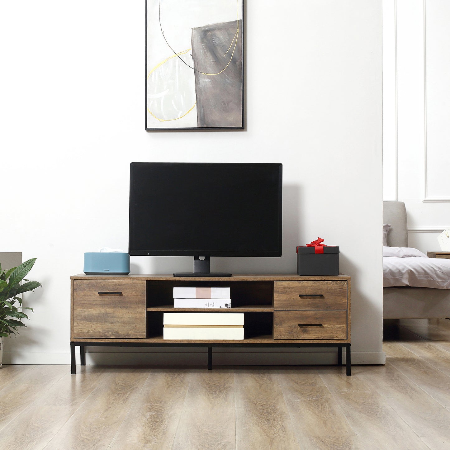 TV Meubel – TV Kast – TV Dressoir – Lowboard – Media Meubel – Industrieel Design – Geschikt voor TV Tot 50 Inch – MDF Metalen Frame 132x39x45,5 cm