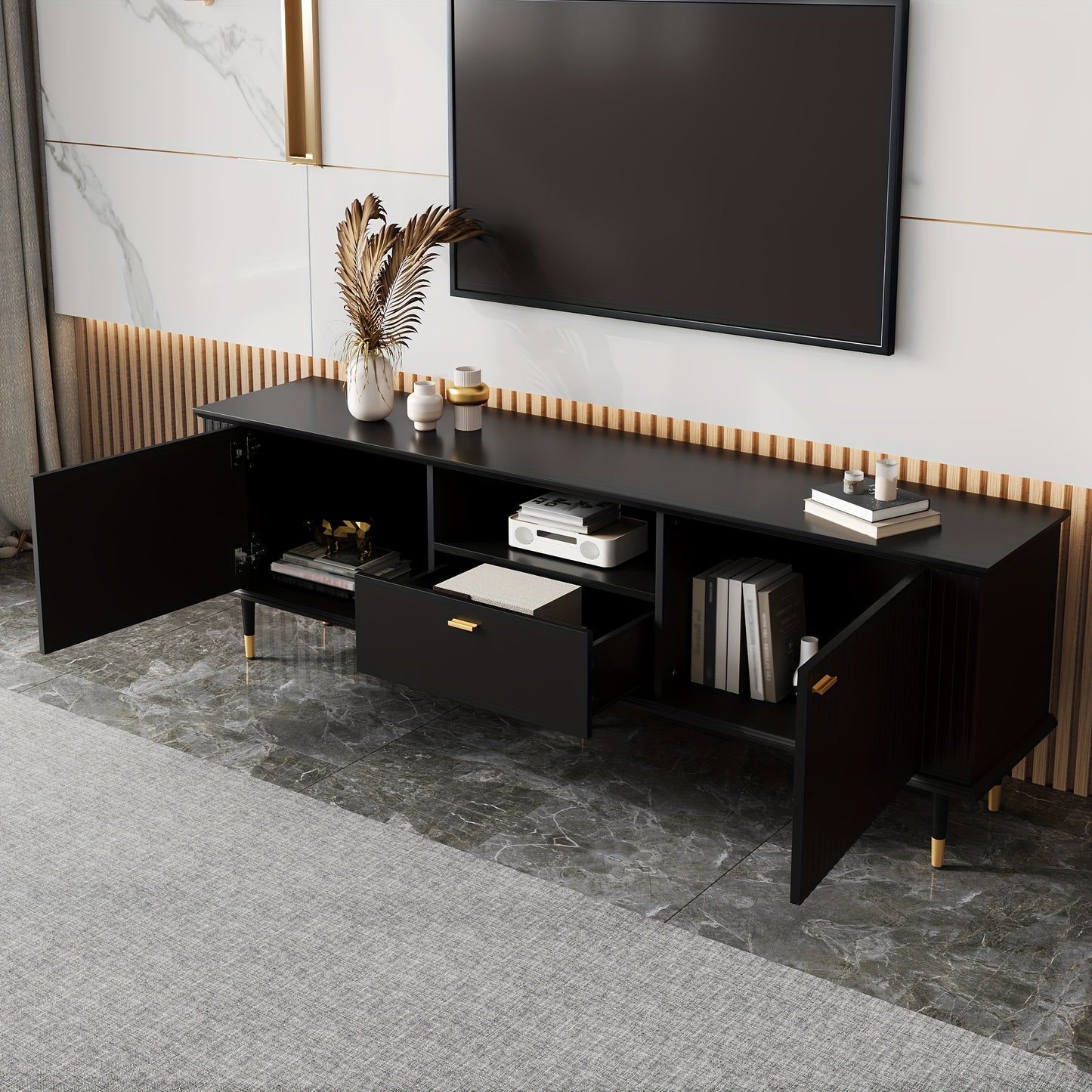 TV Meubel – TV Kast – TV Meubelkast – Entertainmentmeubel – TV Dressoir – Zwart – 170x36x54,5 cm – Soft-Close Lades – Hoogwaardige Materialen