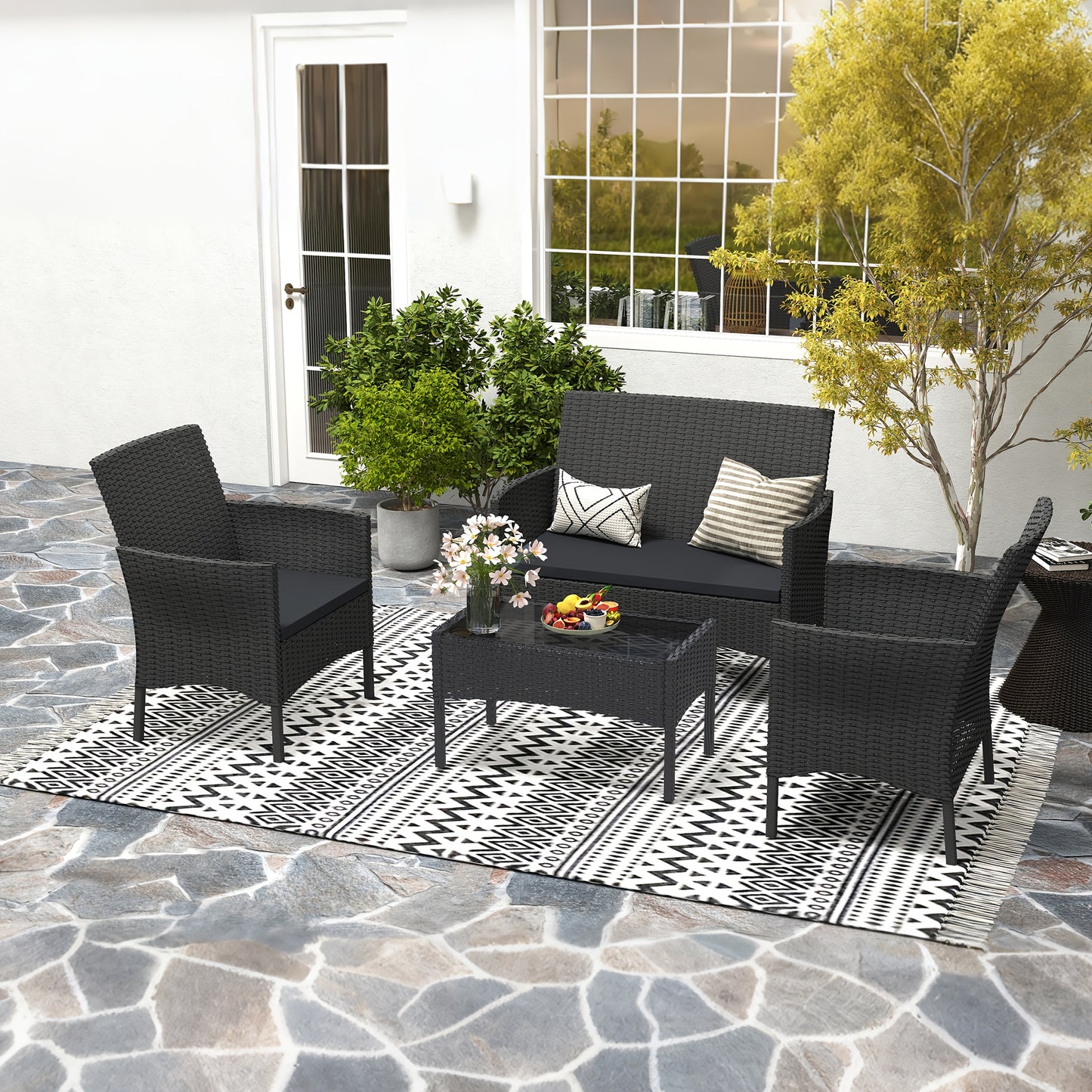 Loungebank – Loungeset – Tuinbank – Loungesofa – Balkonmeubilair – Poly Rattan – Weerbestendig – Inclusief Tafel Met Glazen Blad
