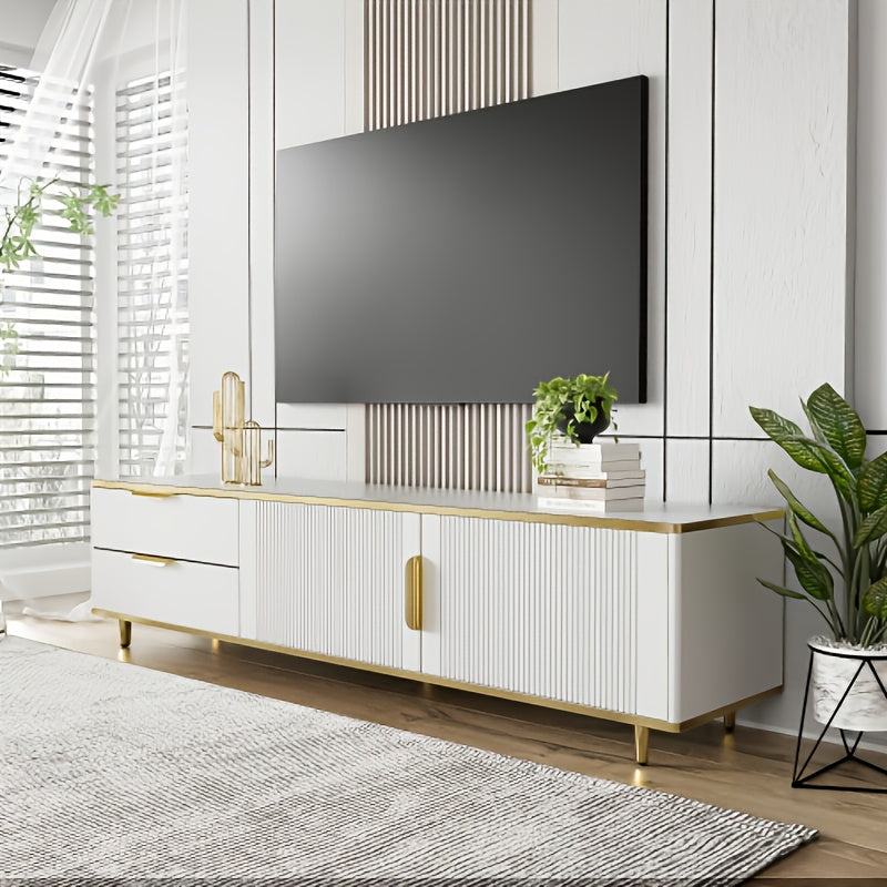 Tv Meubel – Tv Kast – Tv Stand – Tv Console – Entertainment Unit – Wit-Gouden Design – 2 Kasten & 2 Lades – Duurzaam Niet-Houten Materiaal