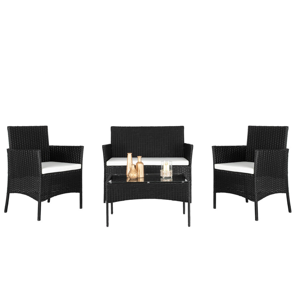 Wicker Loungeset – Loungebank – Tuinset – Balkonmeubels – Loungesofa – Zwart – Weerbestendig Geflochten Wicker – Comfortabele Dikke Kussens