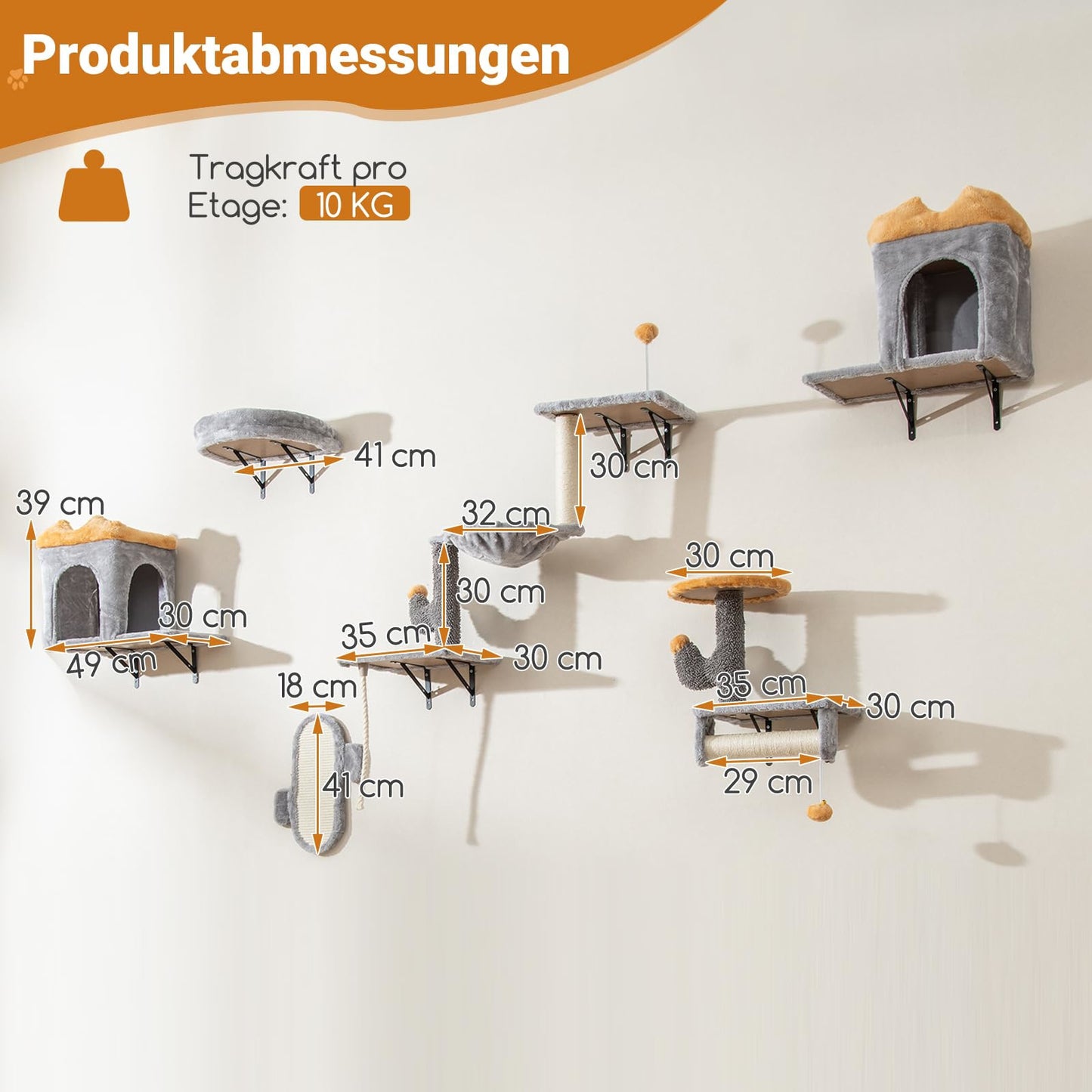 Kattenklimwand – Kattenplank – Klimmeubel – Kattenhuisje – Krabpaal – Verticale Speelwand – Sisal Krabpaal – 2 Condos Met Zachte Ligplekken – Stevig Houten Frame – Grijs Oranje