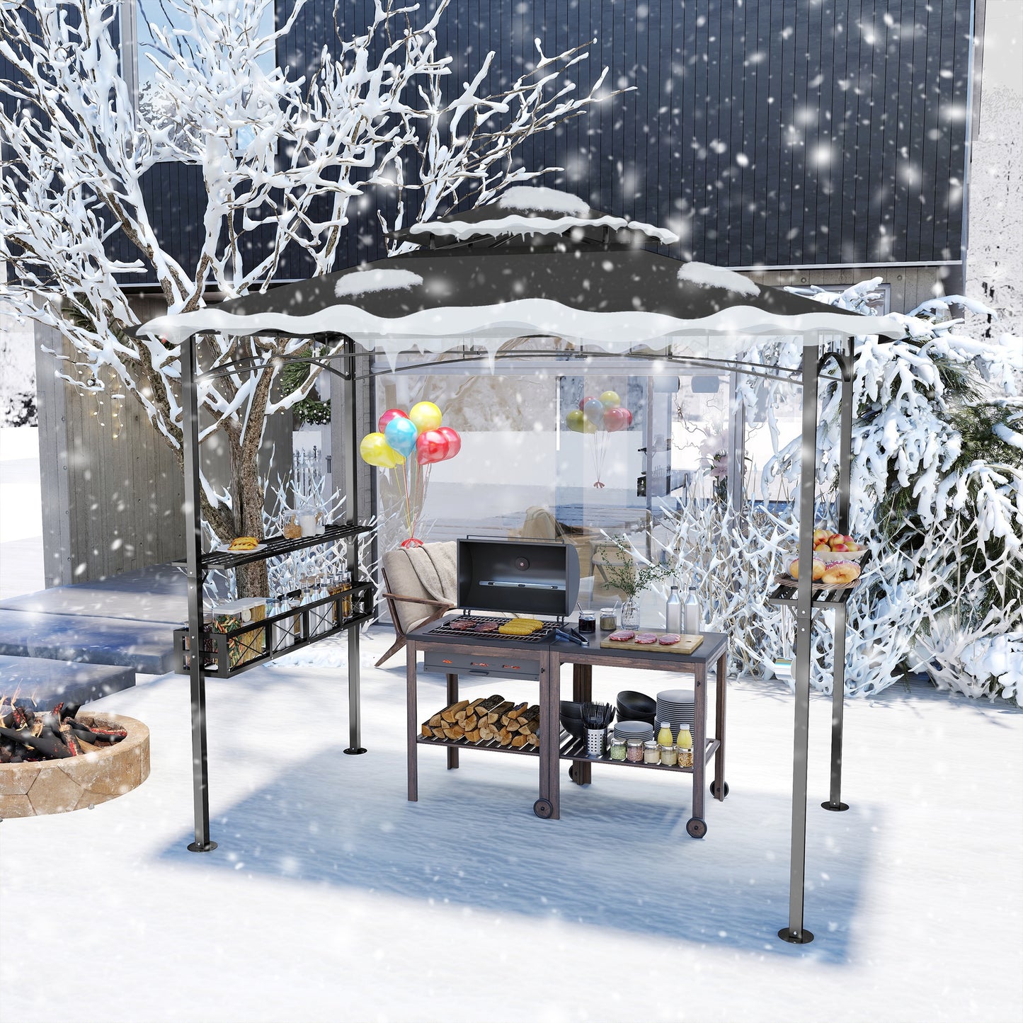BBQ Overkapping – BBQ Paviljoen – Tuinpaviljoen – Barbecue Tent – Tuinoverkapping – Beige Zwart – Stevig Metaal Frame – Water- en UV-bestendig Doek – 244x138x250 cm