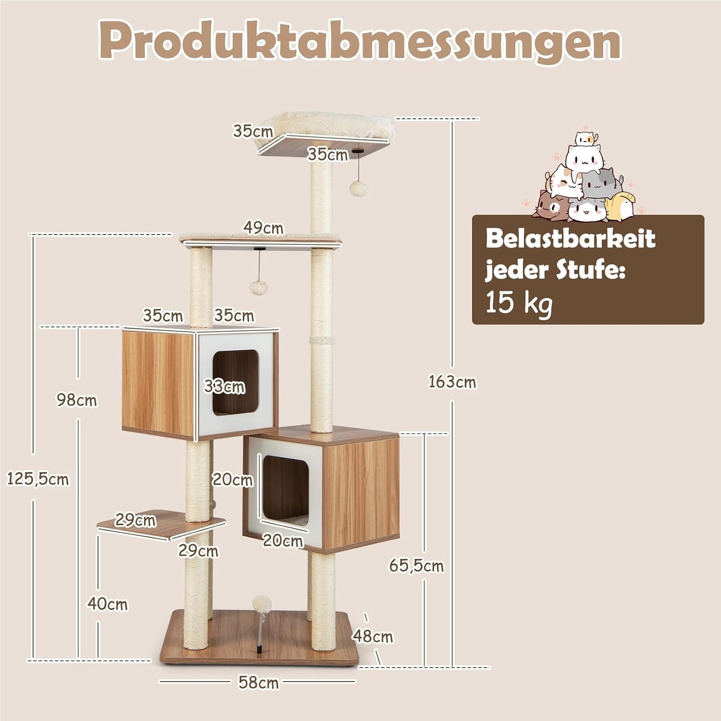Krabpaal – Kattenboom – Krabmeubel – Kattenhuis – Kattentoren – Meerlaagse Speelboom – Natuurlijk Sisal – 163 cm Hoog – 2 Ruime Condos – Zachte Kussens – Inclusief Speelballen