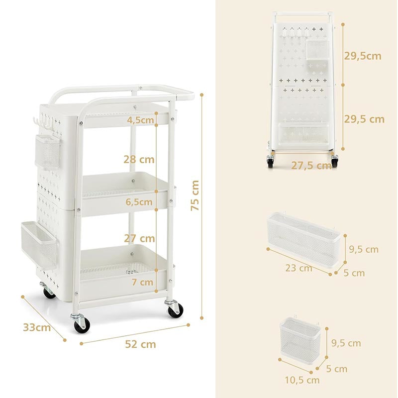 3-laags Opbergtrolley – Opbergwagen – Werkplaatstrolley – Opbergkar – Opbergrek – Met 2 Pegboards & 2 Mandjes – Stevig Koolstofstaal & 4 Wielen met Rem