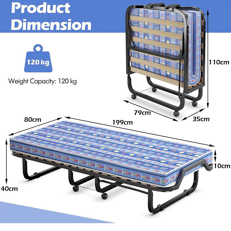 Opvouwbaar Eenpersoonsbed – Opklapbed – Logeerbed – Inklapbed – Campingbed – Met Traagschuimmatras 10 cm – Stevig Stalen Frame 120 kg Draagkracht