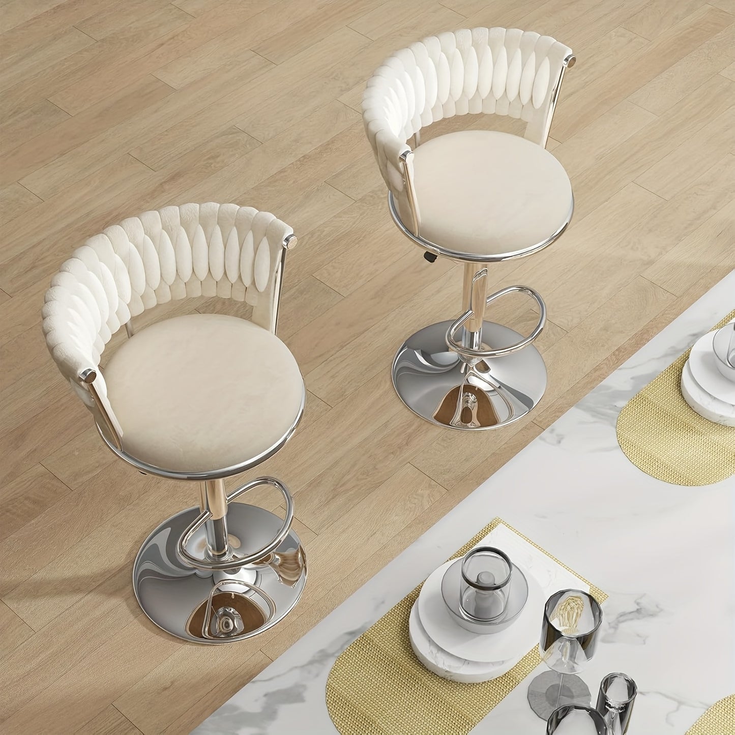 Set van 2 Barstoelen met Gevlochten Rugleuning – Velvet Keukenkrukken, Hoog, Verstelbaar en Draaibaar – Zilverkleurige Barkrukken voor Keuken of Bar
