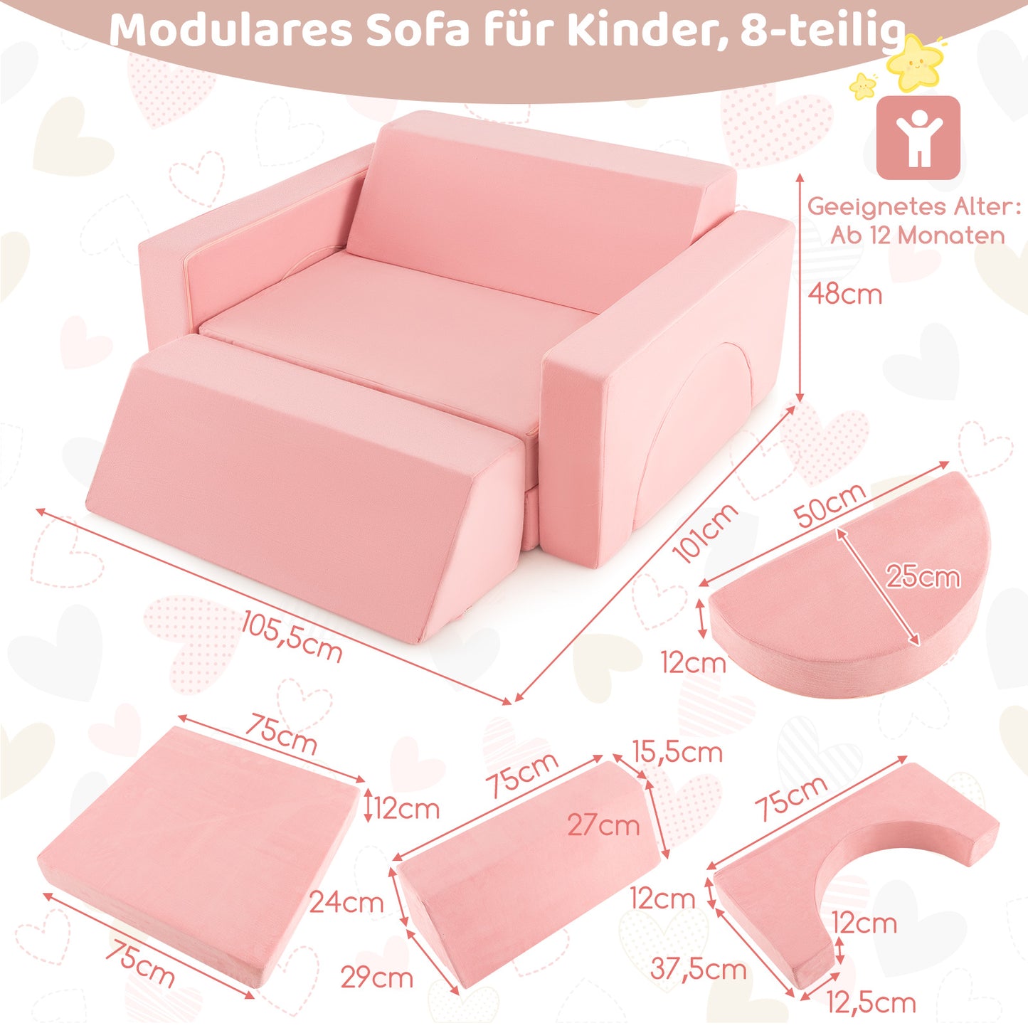 Kinderbankje – Kindersofa – Kinderzetel – Kinderfauteuil – Peuterbank – Modulaire 8-delige Set – Zachte Wasbare Hoes – Speels Design