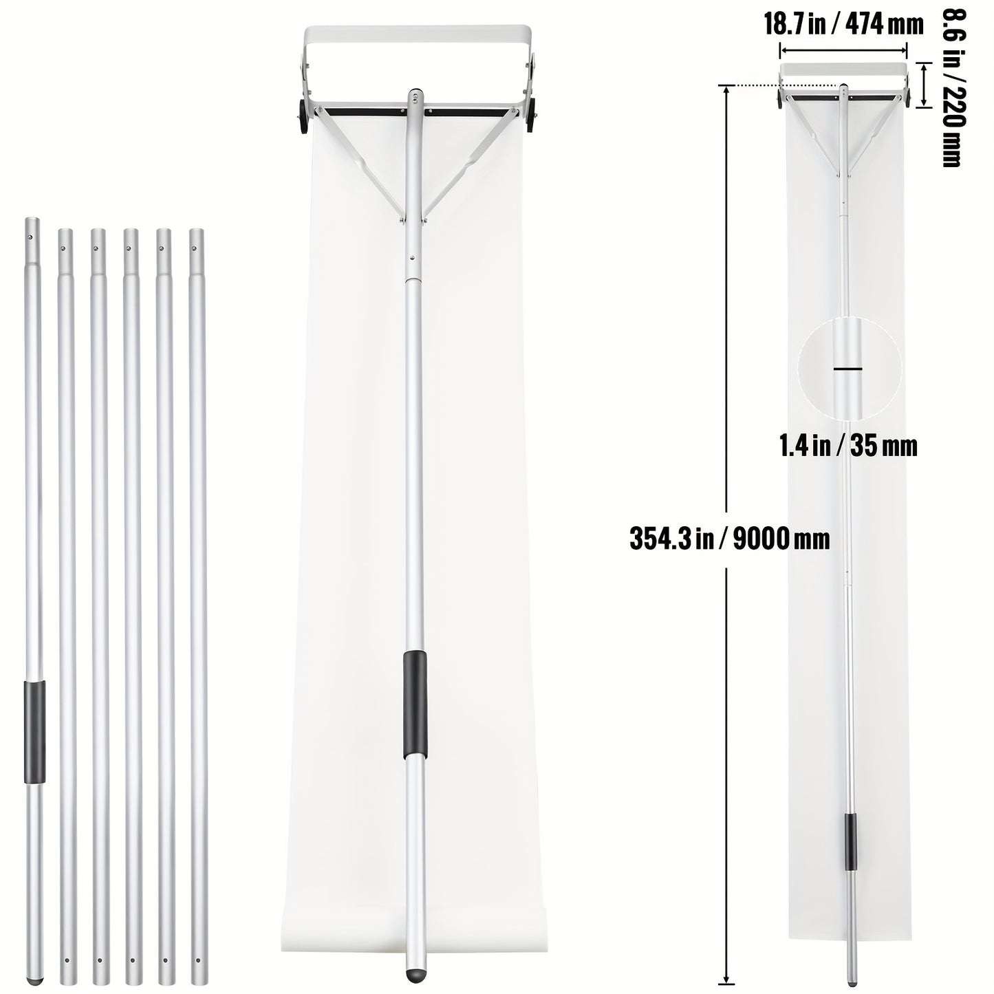 Dakraamveger – Dakriek – Sneeuwruimer – IJsbestrijder – Dakreinigingsborstel – 9 Meter Aluminium – Met Beschermende Kunststof Wielen