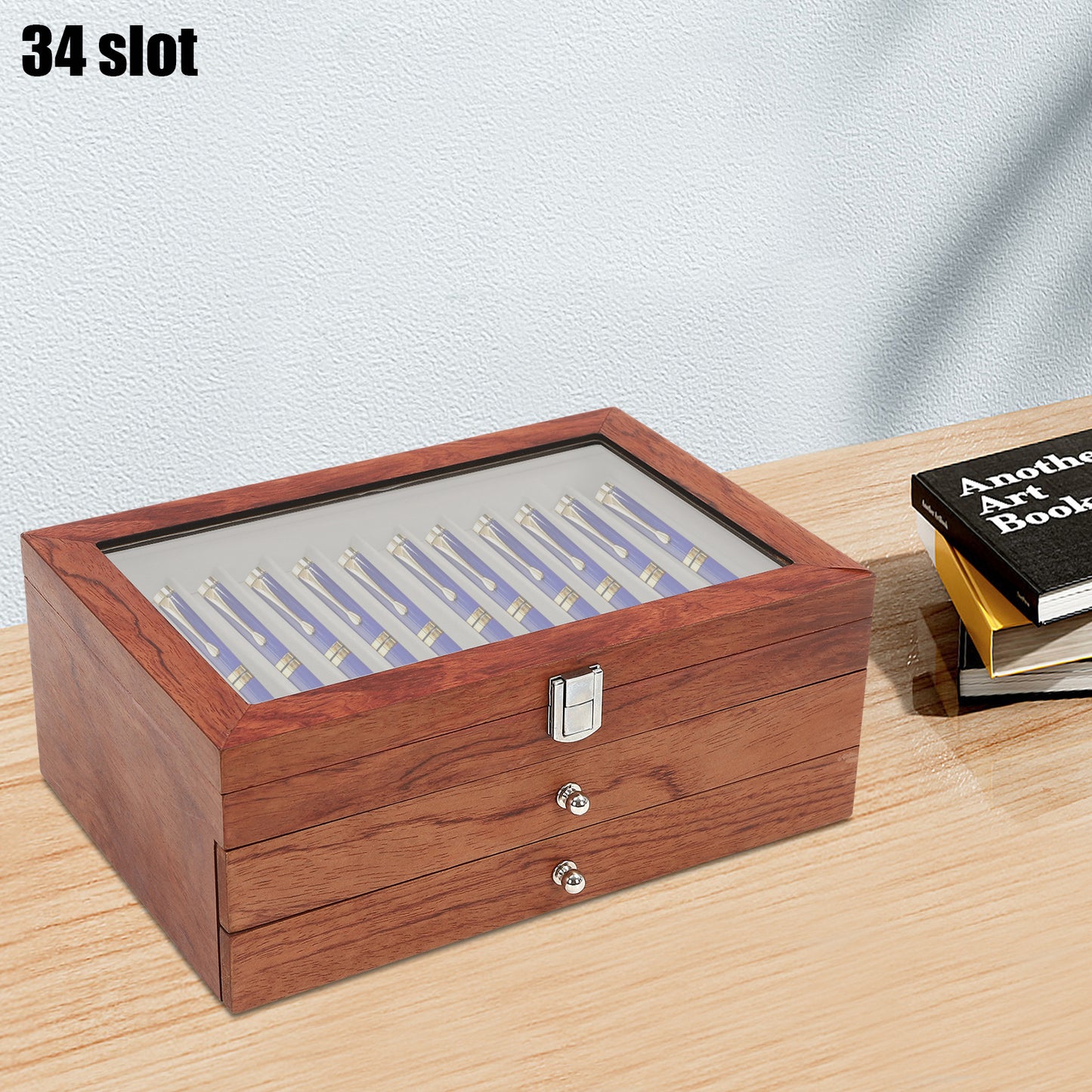 Penbox – Pennendoos – Pennenhouder – Bureau Organizer – Pennenetui – Massief Rozenhout – 34 Vakjes – Veilige Sluiting