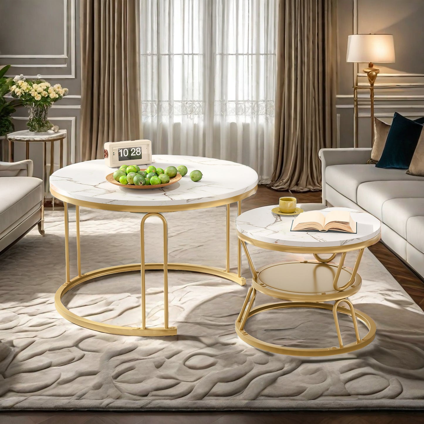 Salontafel – Bijzettafel – Koffietafel – Tafeltje – Ronde Salontafel Set – Gouden Metaal Frame – Marmer Effect Tafelblad – Stapelbaar – Lichtgewicht