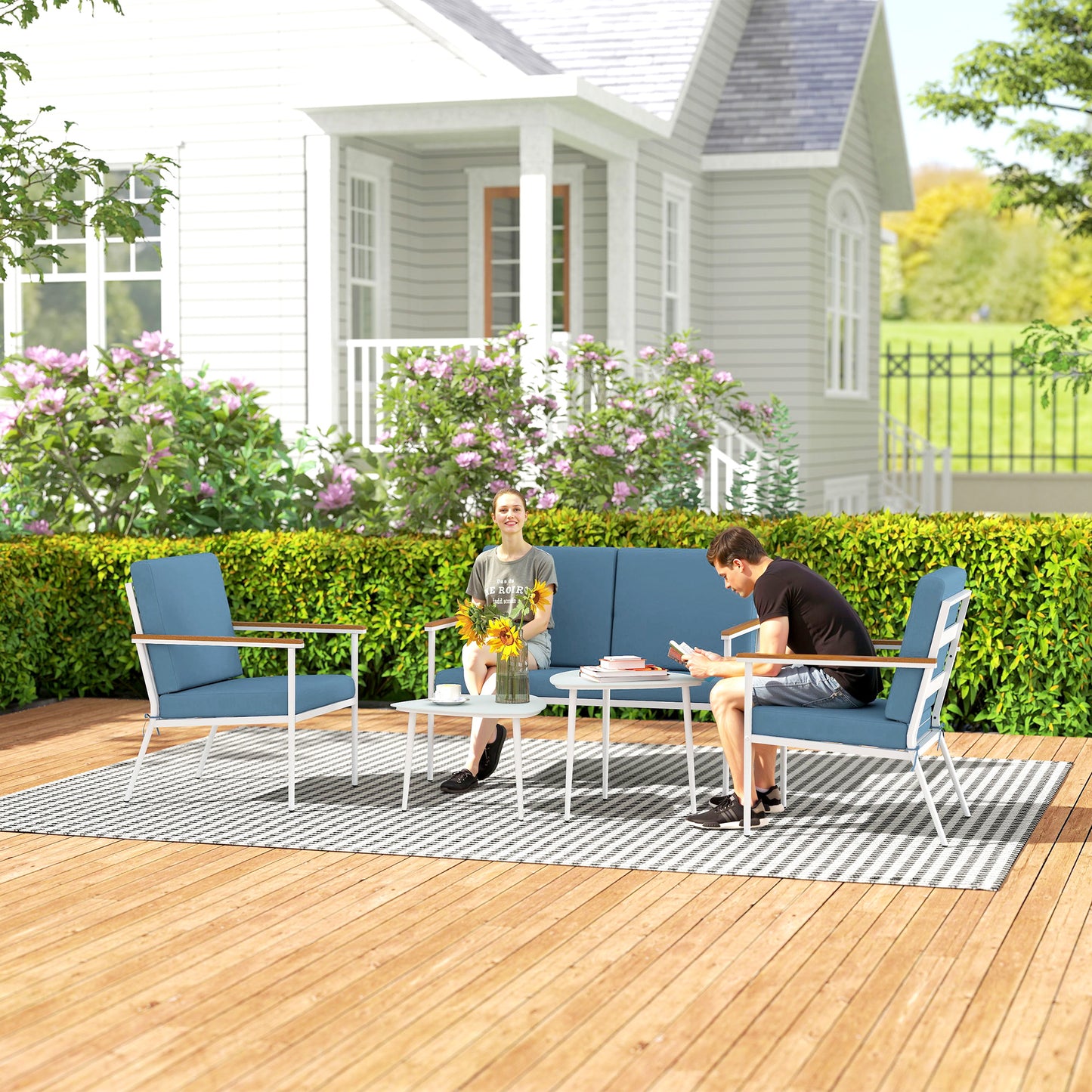 Tuinset – Tuinmeubelset – Balkonset – Loungeset – Zitgroep – 5-Delig – Gepoedercoat Staal – Lichtblauw Met Kussens