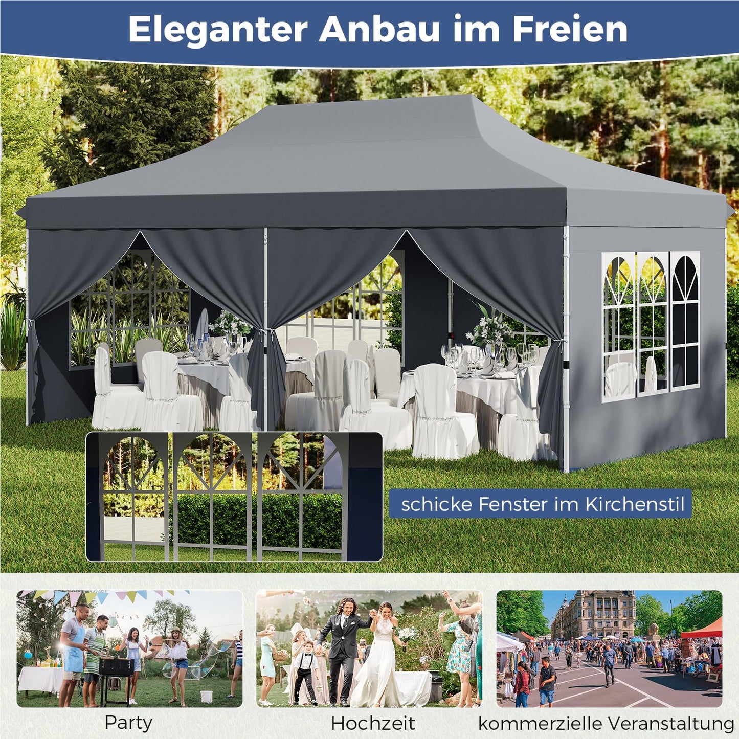 Paviljoen 3x6 M – Tuin Tent – Partytent – Overkapping – Garden Gazebo – Waterdicht – UV Bescherming SPF 50+ – Stevig Met Zijwanden En Zandzakken – Grijs