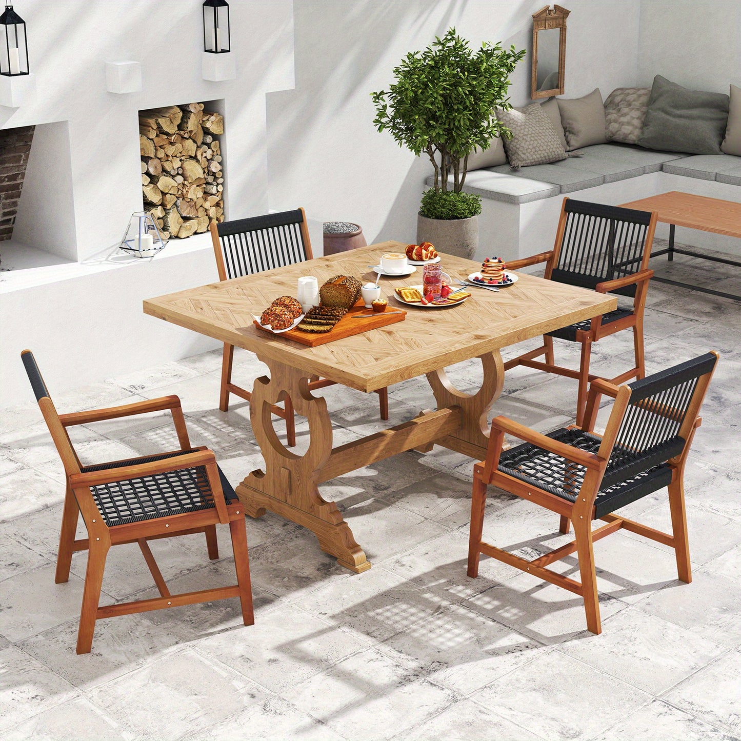 Tuinstoelen – Buitenstoelen – Patio Stoelen – Terrasstoelen – Balkonstoelen – Set van 2 – Acaciahout met Zwart Rope – Ergonomisch Ontwerp met Armleuningen