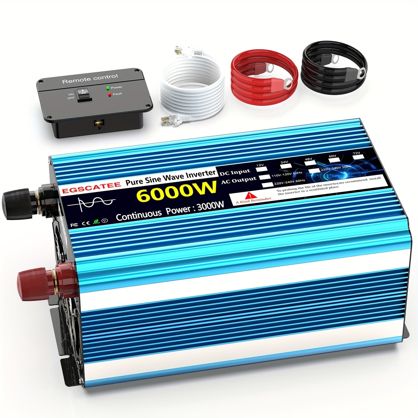 3000W Pure Sinus Omvormer – Stroomomvormer – Spanning Converter – DC Naar AC Omzetter – Camping Accu Omvormer – 6000W Piekvermogen – LCD Display & Afstandsbediening – Blauw