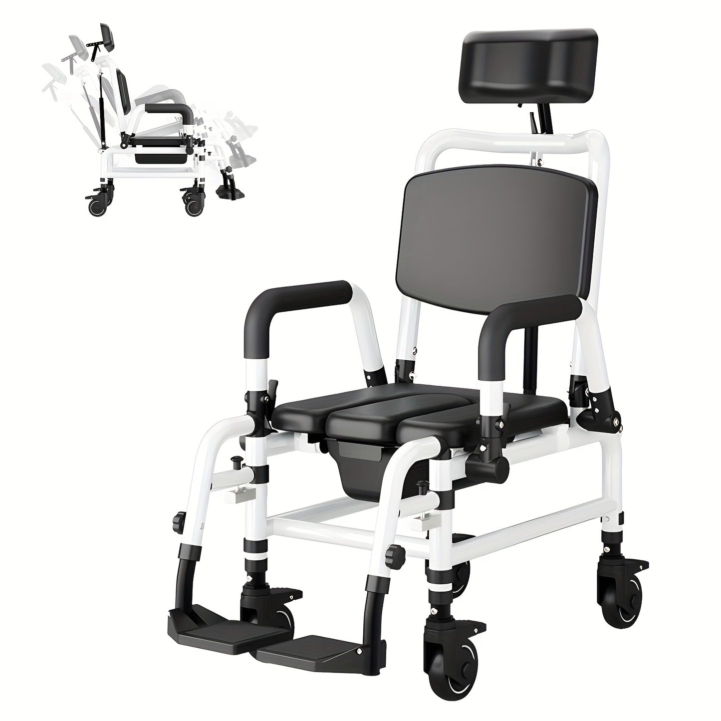 Reclining Shower Chair With Wheels, Mobile Shower Chair With Thickened Soft Seat Cushion, Backrest And Flip-up Armrests, Extra-wide Seat, 90°-140° Adjustable Tilt Bedside Commode Chair, Suitable For The Elderly And Disabled