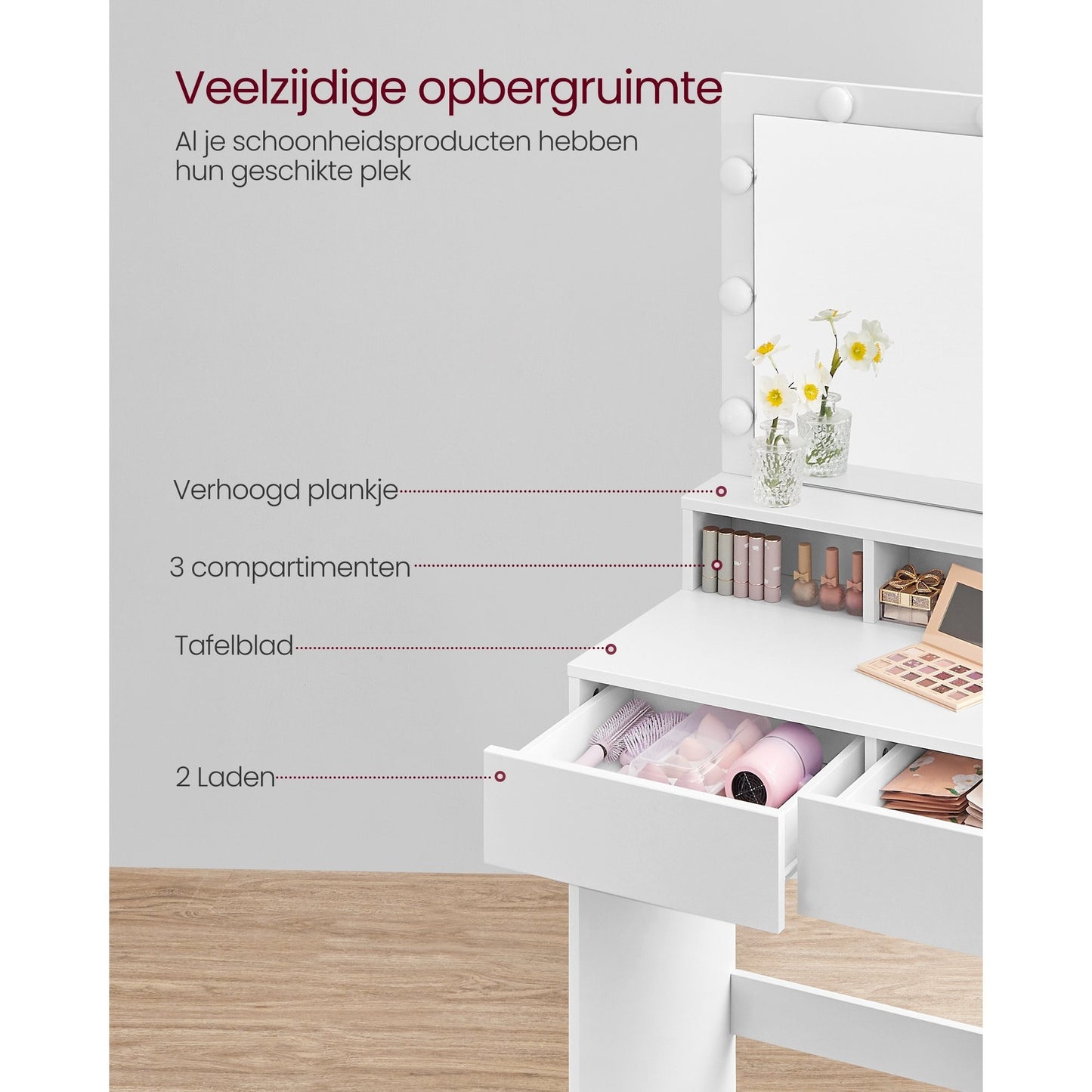 Make-up Tafel – Kaptafel – Schminktafel – Make-up Bureau – Beautytafel – 9 Dimbare LED-Lampen – 2 Lades & 3 Open Vakken – 40x80x140 cm – Chipwood – Wit
