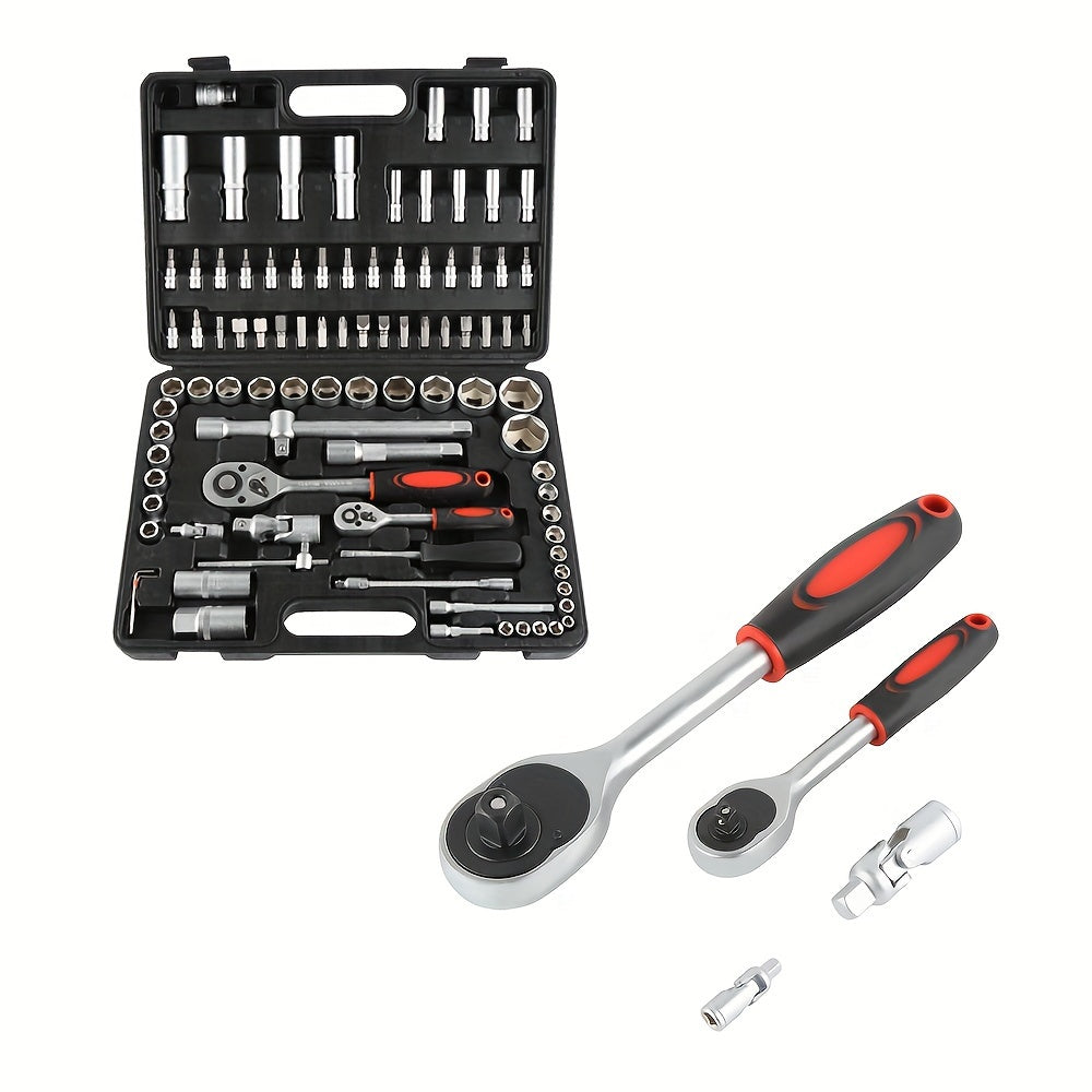 94pcs Auto Repair Tool Set with Durable Metal Sockets & Joint - Heat & Wear Resistant, Polished Finish, Includes Ratchet Handles, Extension Bars, and Hex Key Wrenches in Organized Case - Perfect for Car Maintenance