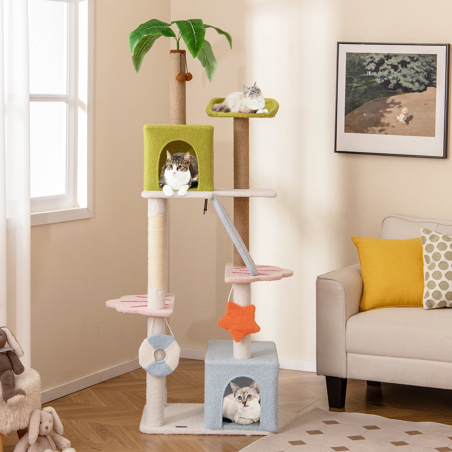 Kattenboom – Krabpaal – Kattenhuis – Klimmeubel – Kattencondo – Strandthema – 180 cm Hoog – Sisal en Jute Krabpalen