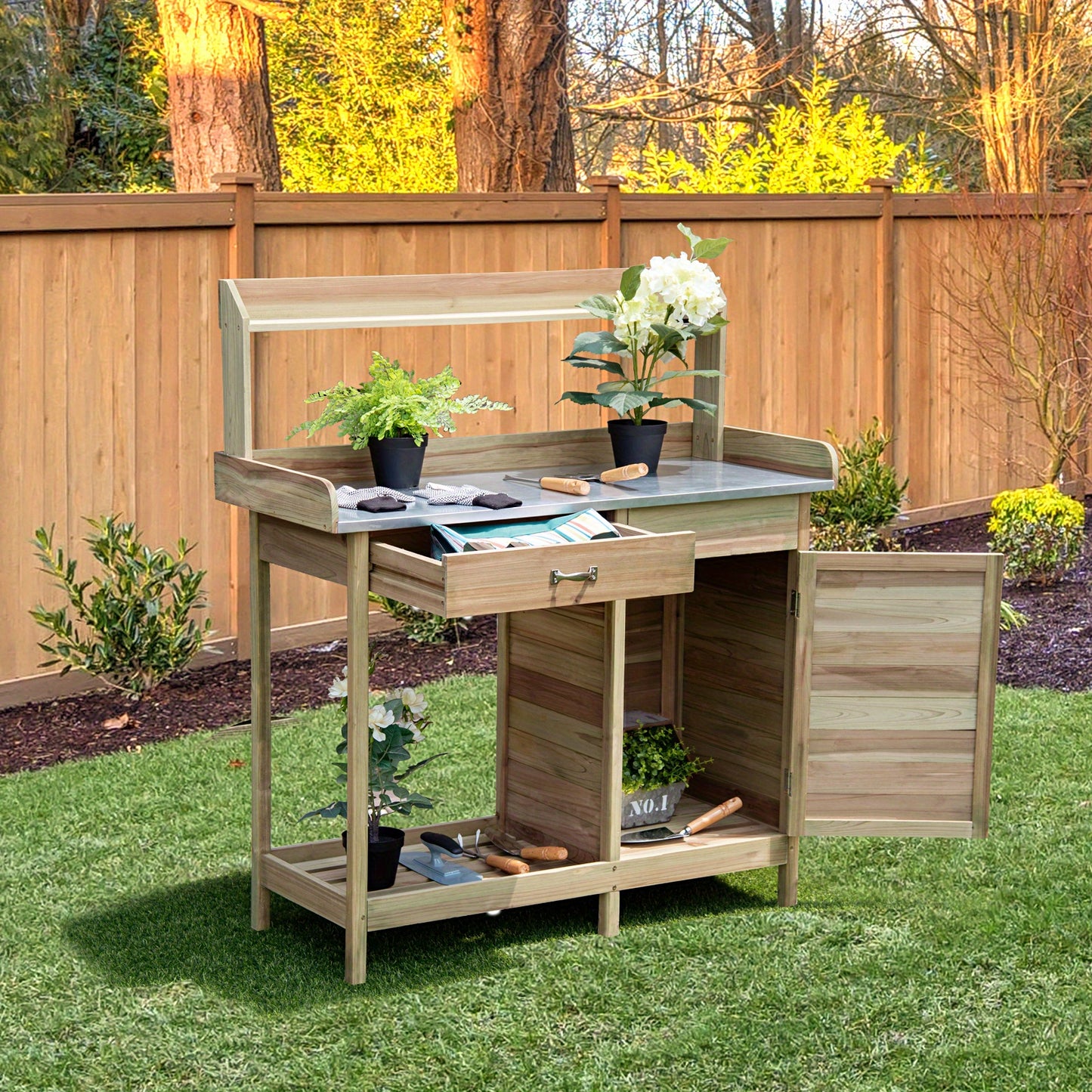 Tuinwerkbank – Oppottafel – Plantentafel – Werktafel – Tuinwerktafel – Vurenhout Met Gegalvaniseerd Metalen Werkblad – Waterbestendig En Met Opberglades