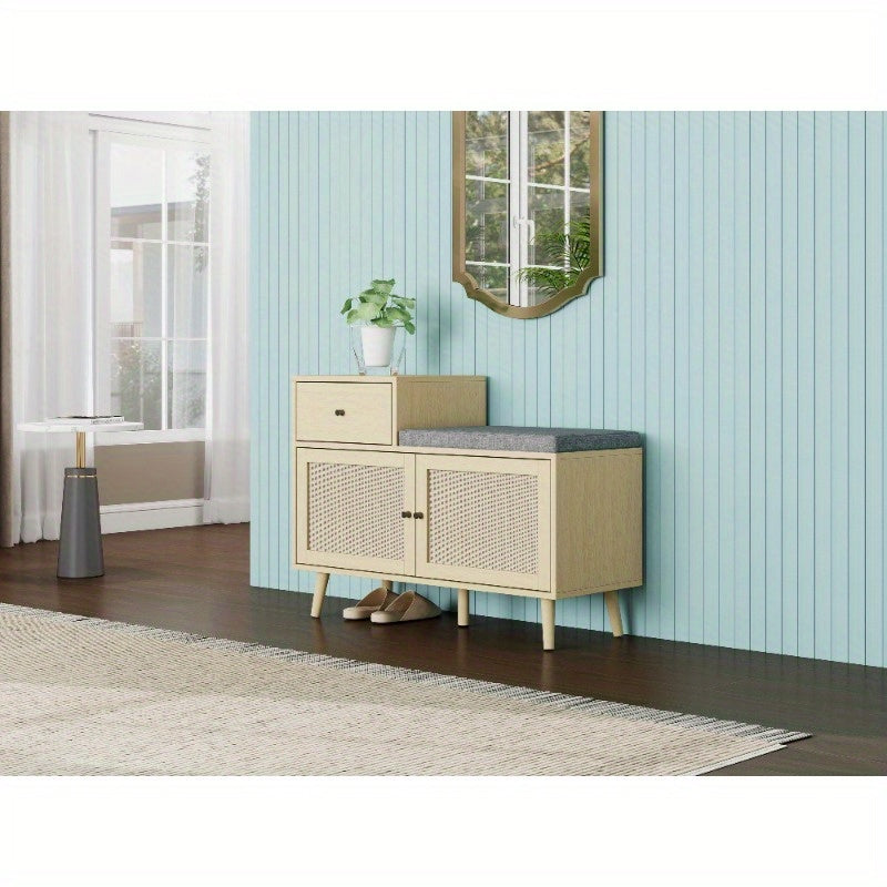 Schoenenbank – Schoenenkast – Halbank – Schoenopberger – Opbergmeubel – Rattan Geweven Deuren – Geïntegreerde Opberglade – Bekleed Zitoppervlak – Metaal Met Houtlook – 90x35x65 cm