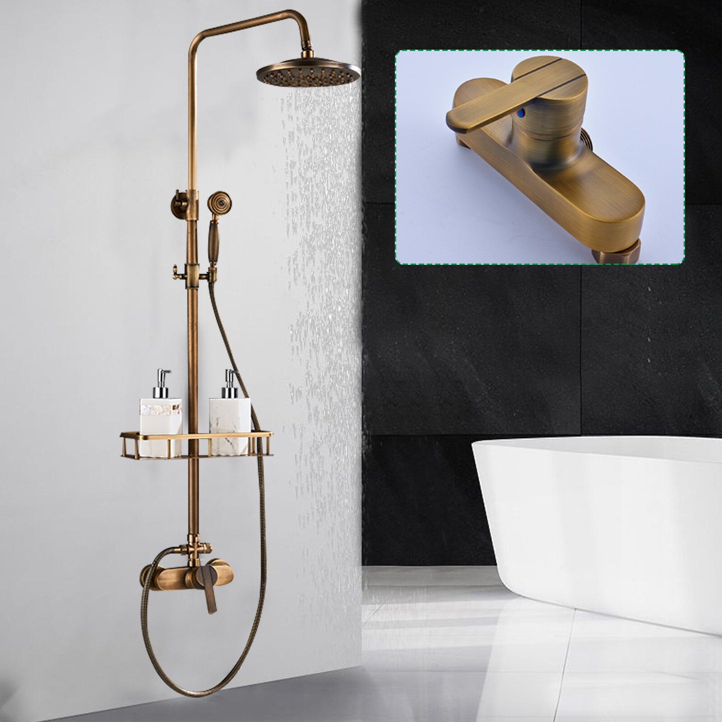 Regendouche – Doucheset – Douchekop – Douchekraan – Handdouche – Antiek Messing – Verstelbare Hoogte 75-120 cm – Messing Materiaal