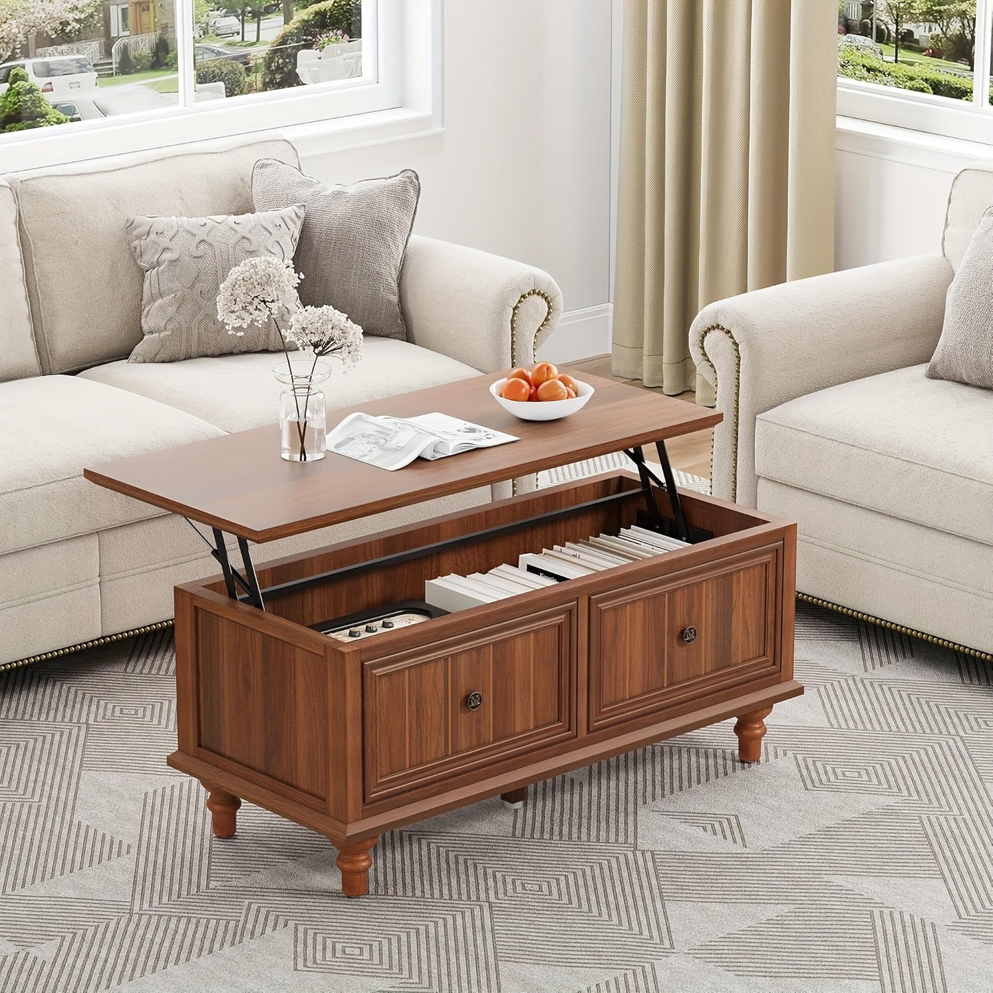 Salontafel – Koffietafel – Bijzettafel – Woonkamertafel – Tafel – Verstelbaar Liftblad – Verborgen Opbergruimte – MDF Walnoot Finishing