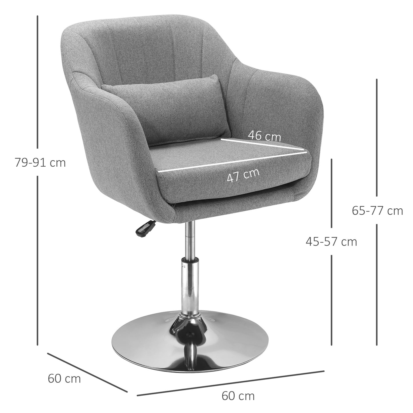Draaifauteuil – Fauteuil – Relaxstoel – Lounge Chair – Comfortstoel – Verstelbare Hoogte – 360° Draaibaar – Grijs – Met Lendensteun – Met Chroom Metalen Onderstel