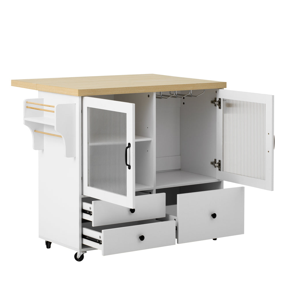 Mobile Kitchen Island with Castors and Extendable Dining Table | Featuring Glass Rack, Storage Compartments, Enclosed-Storage, Metal, Ideal for Kitchens and Dining Areas, White