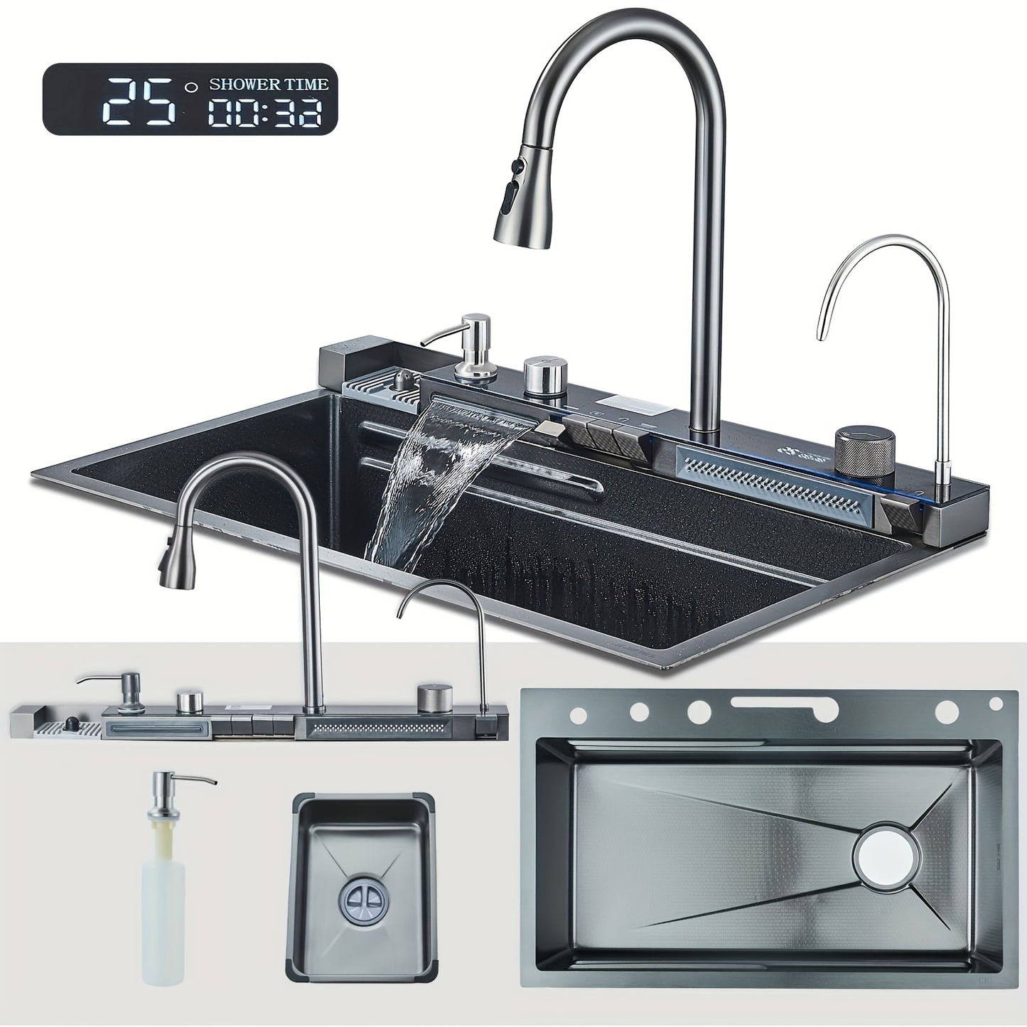 Keukenspoelbak – Spoelbak – Wasbak – Gootsteen – Enkele Bak – Zwart RVS – Onderbouw – 68x45x22 cm – Rechts Afvoer – Inclusief Kraan