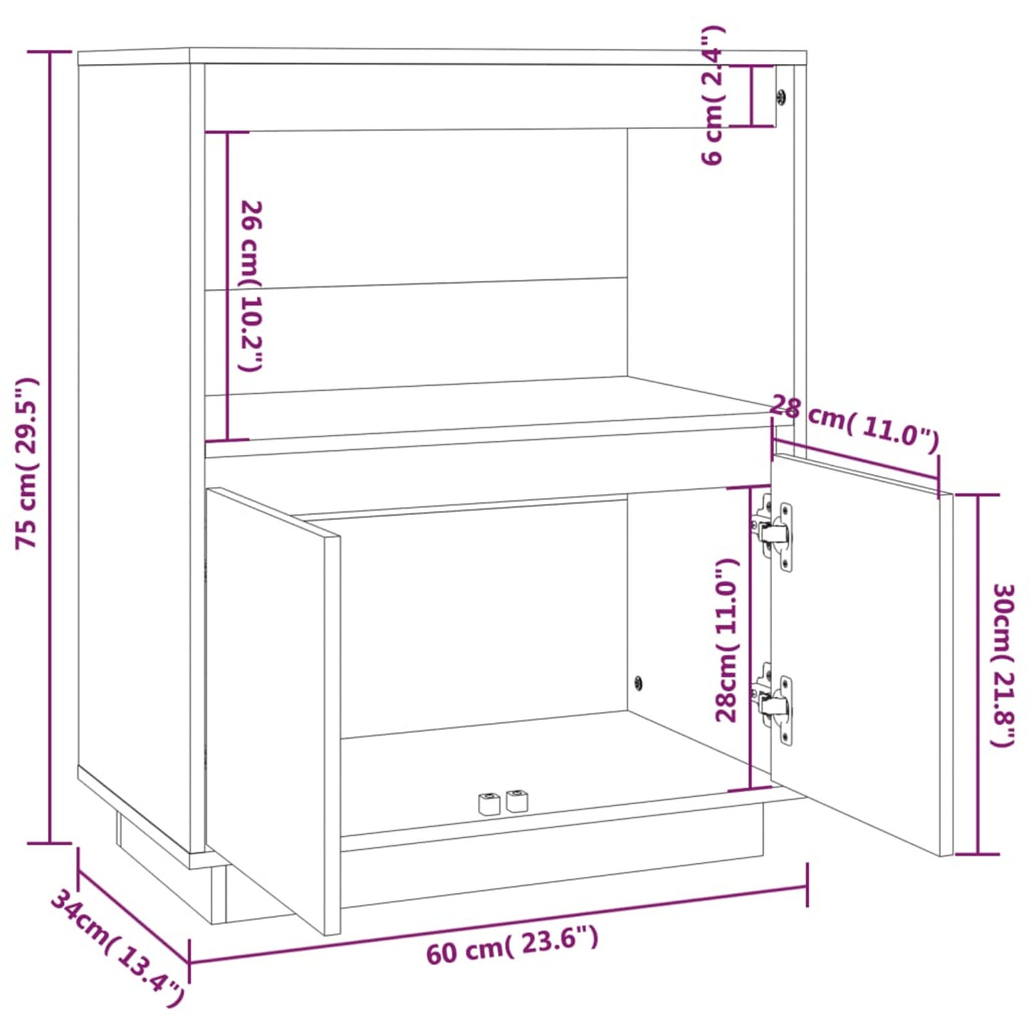 Sideboard 60x34x75cm Solid Wood Pine Side Cabinet Organizer Storage Cabinet Storage Box for Bedroom, Living Room, Bathroom, Home Furniture